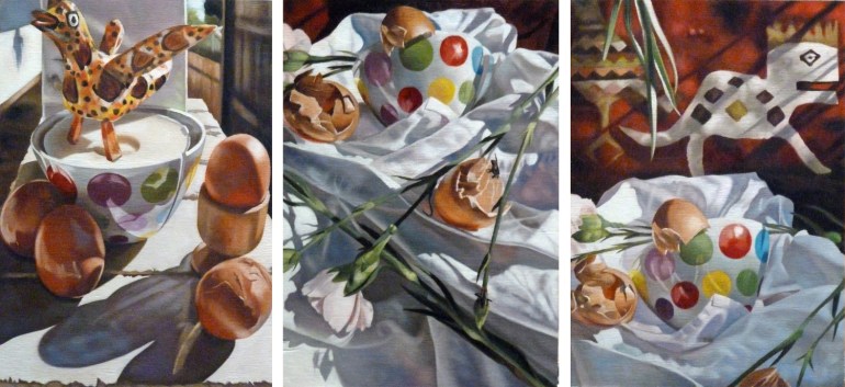 The Remains of the Day, a series of three paintings by Australian artist Katherine Edney.